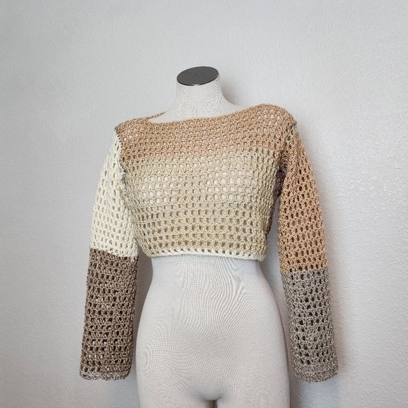 Crochet Crop Top Tan & Brown Shades Boat Neck Handmade Woman's Size M NWT - Picture 1 of 6